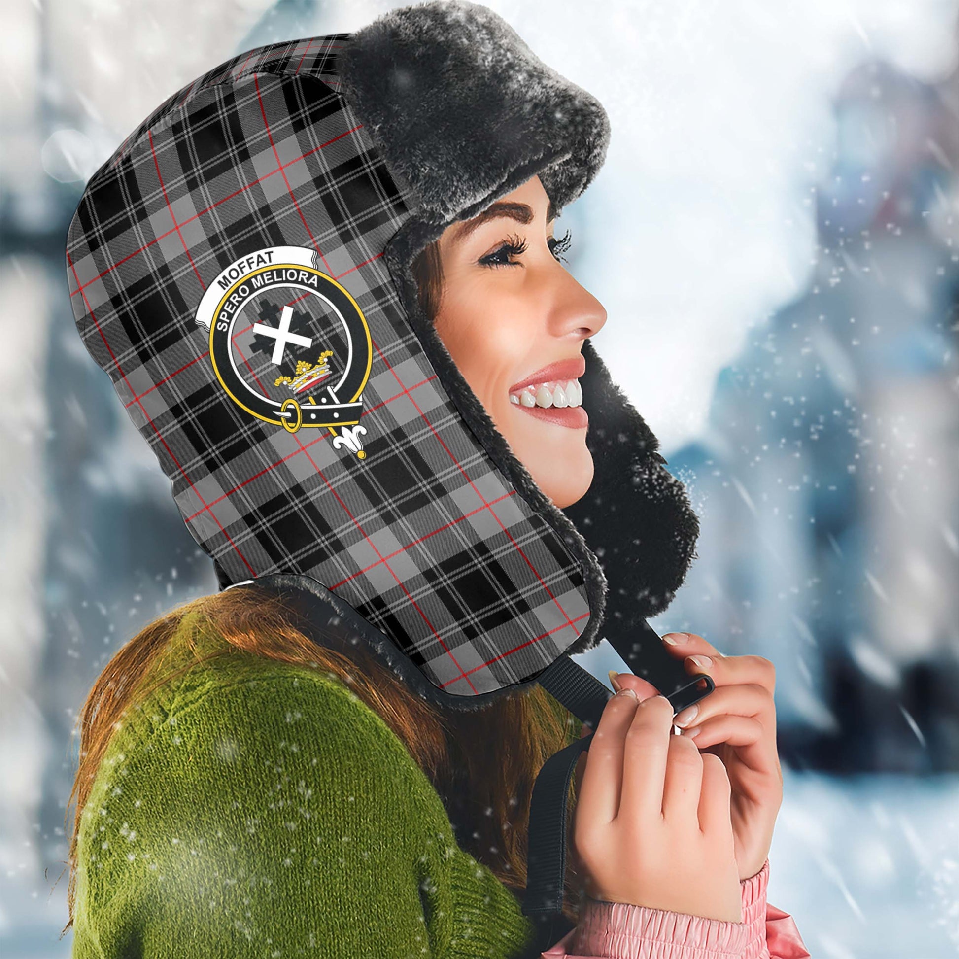 Moffat Modern Tartan Winter Trapper Hat with Family Crest Winter Trapper Hat Universal Fit Circumference 22.8in (58cm) - Tartanvibesclothing