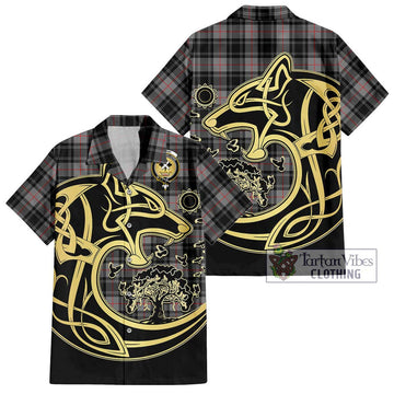 Moffat Tartan Short Sleeve Button Shirt with Family Crest Celtic Wolf Style