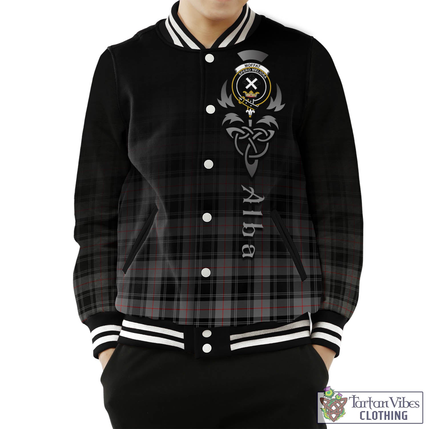 Tartan Vibes Clothing Moffat Modern Tartan Baseball Jacket Featuring Alba Gu Brath Family Crest Celtic Inspired