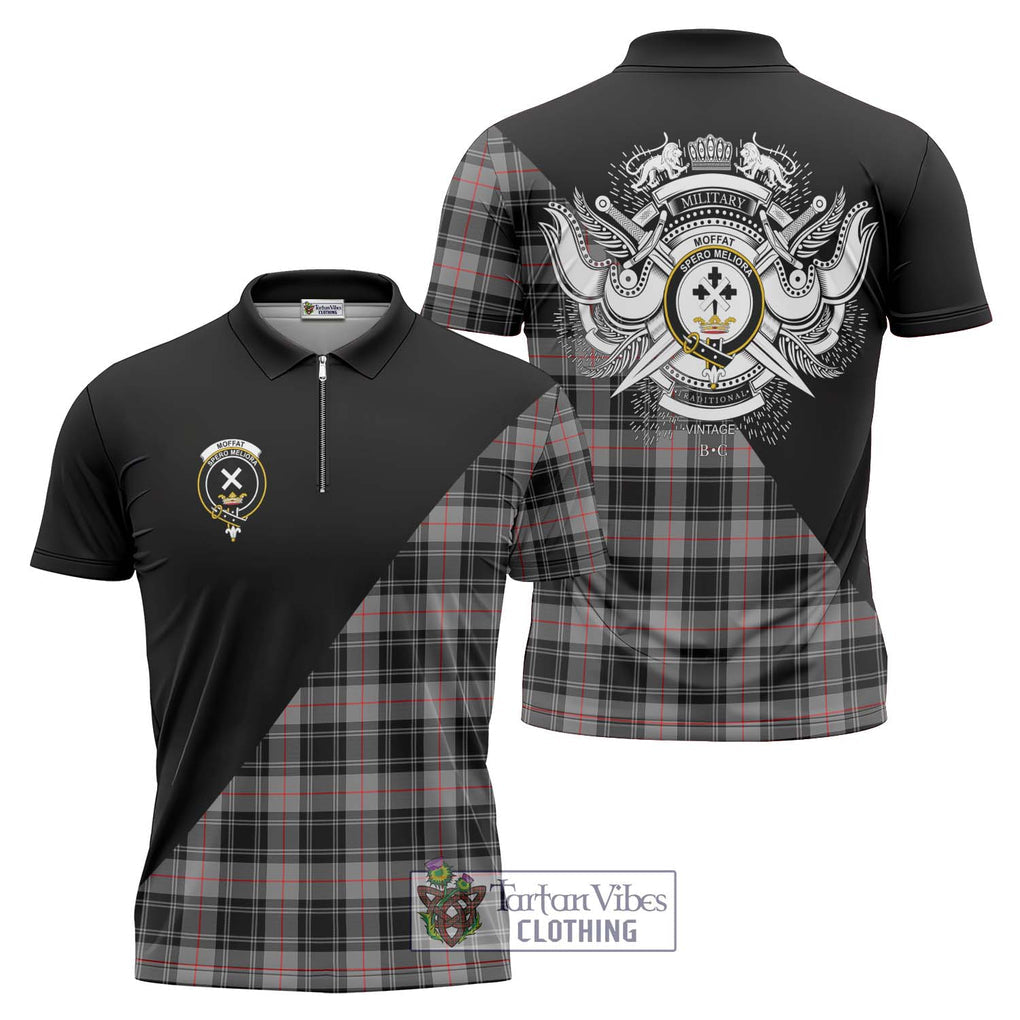 Moffat Tartan Zipper Polo Shirt with Family Crest and Military Logo Style Unisex - Tartanvibesclothing Shop