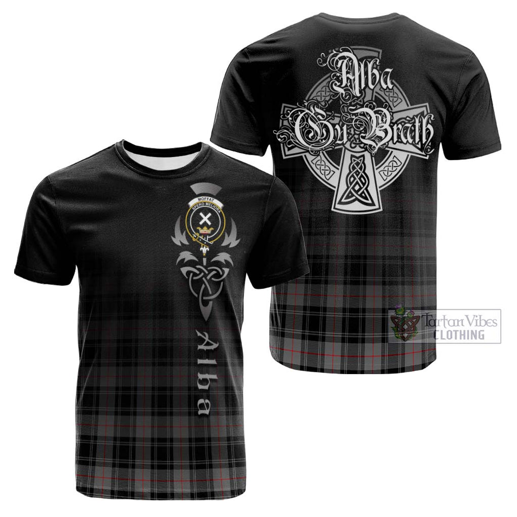 Tartan Vibes Clothing Moffat Modern Tartan Cotton T-shirt Featuring Alba Gu Brath Family Crest Celtic Inspired