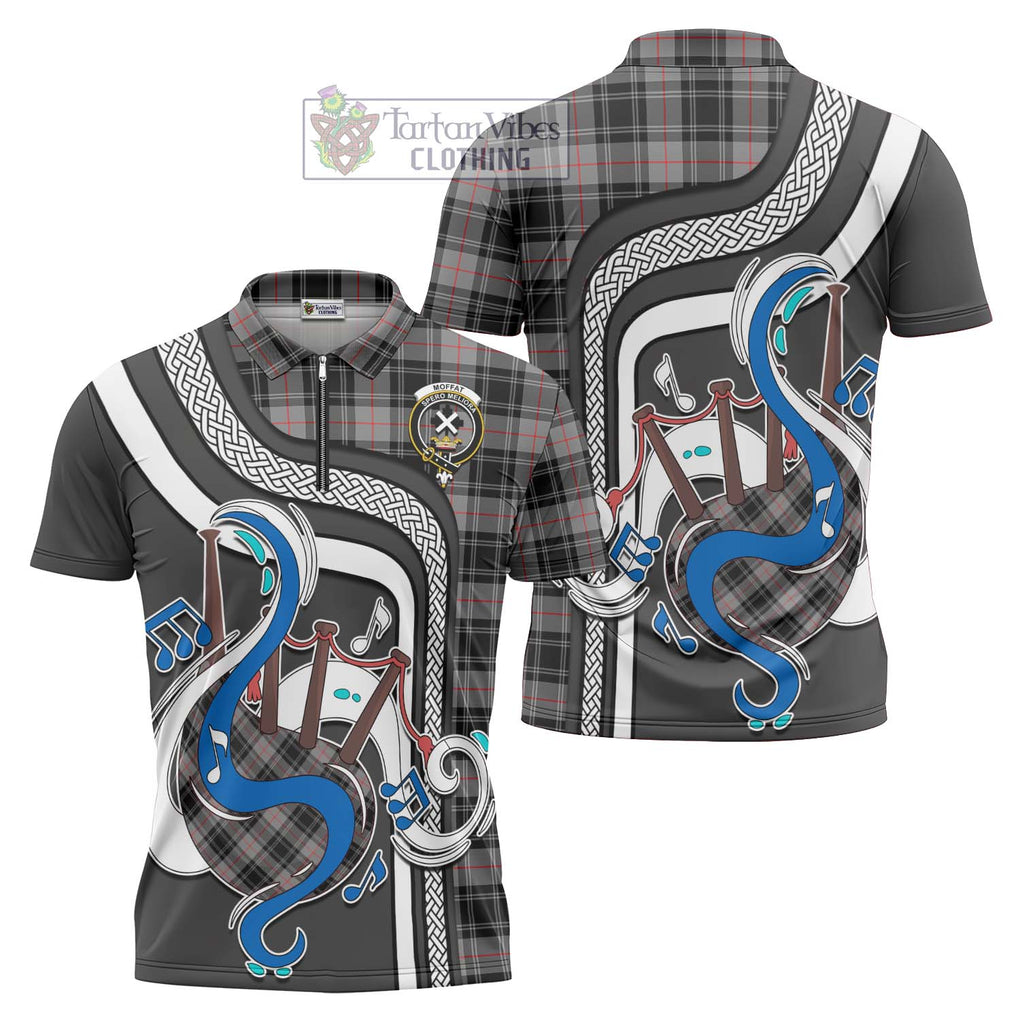 Moffat Tartan Zipper Polo Shirt with Epic Bagpipe Style Unisex - Tartanvibesclothing Shop