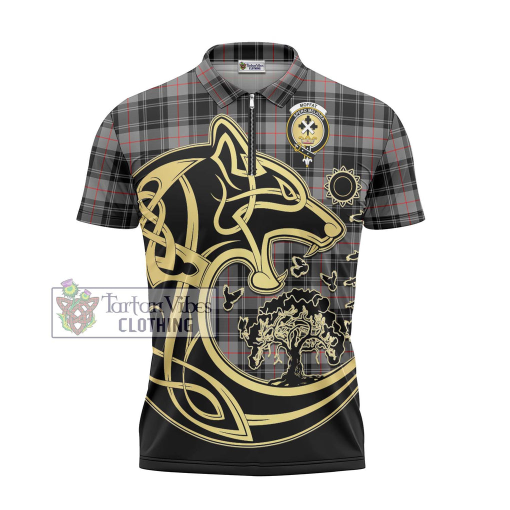 Moffat Tartan Zipper Polo Shirt with Family Crest Celtic Wolf Style - Tartanvibesclothing Shop