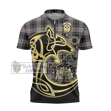 Moffat Tartan Zipper Polo Shirt with Family Crest Celtic Wolf Style