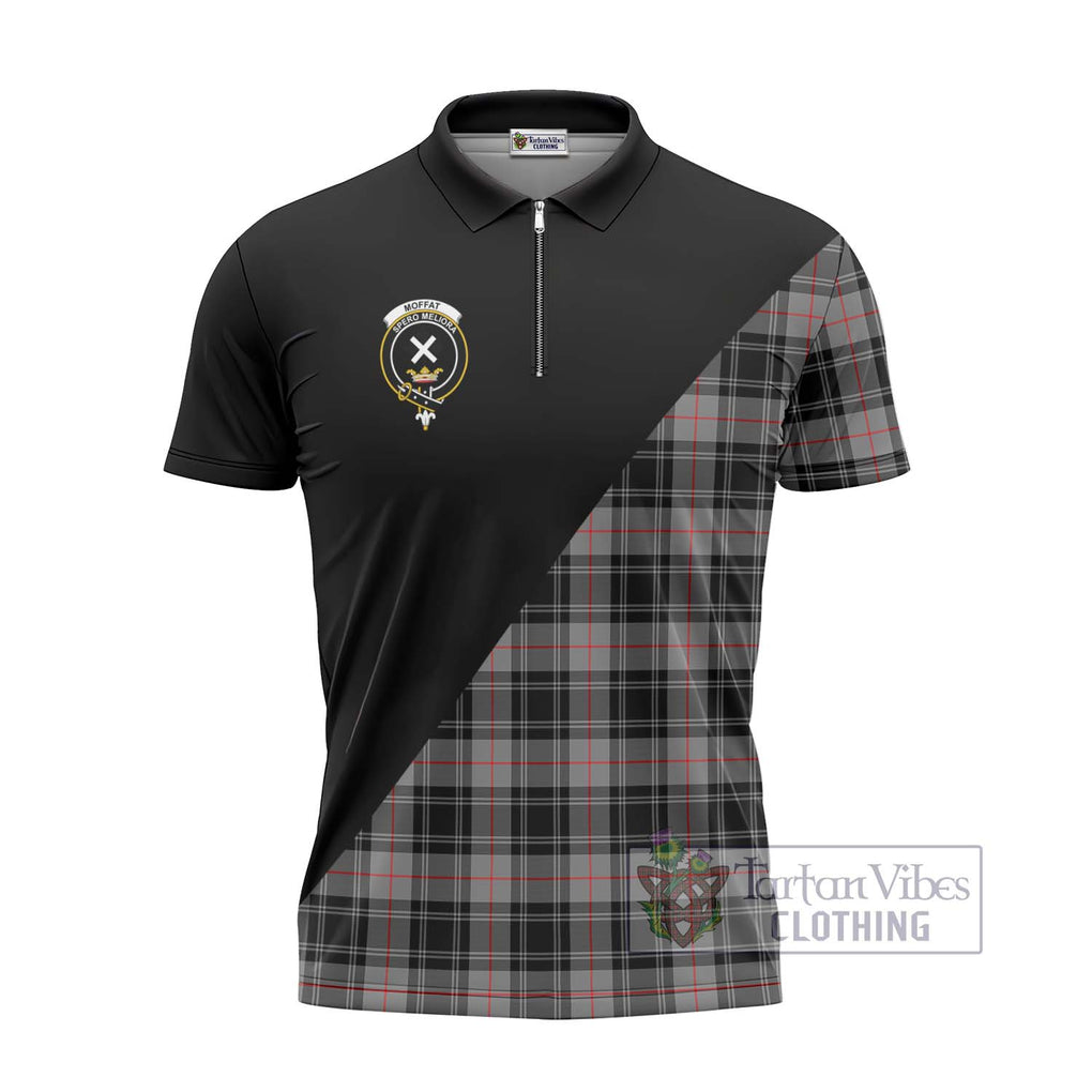 Moffat Tartan Zipper Polo Shirt with Family Crest and Military Logo Style - Tartanvibesclothing Shop