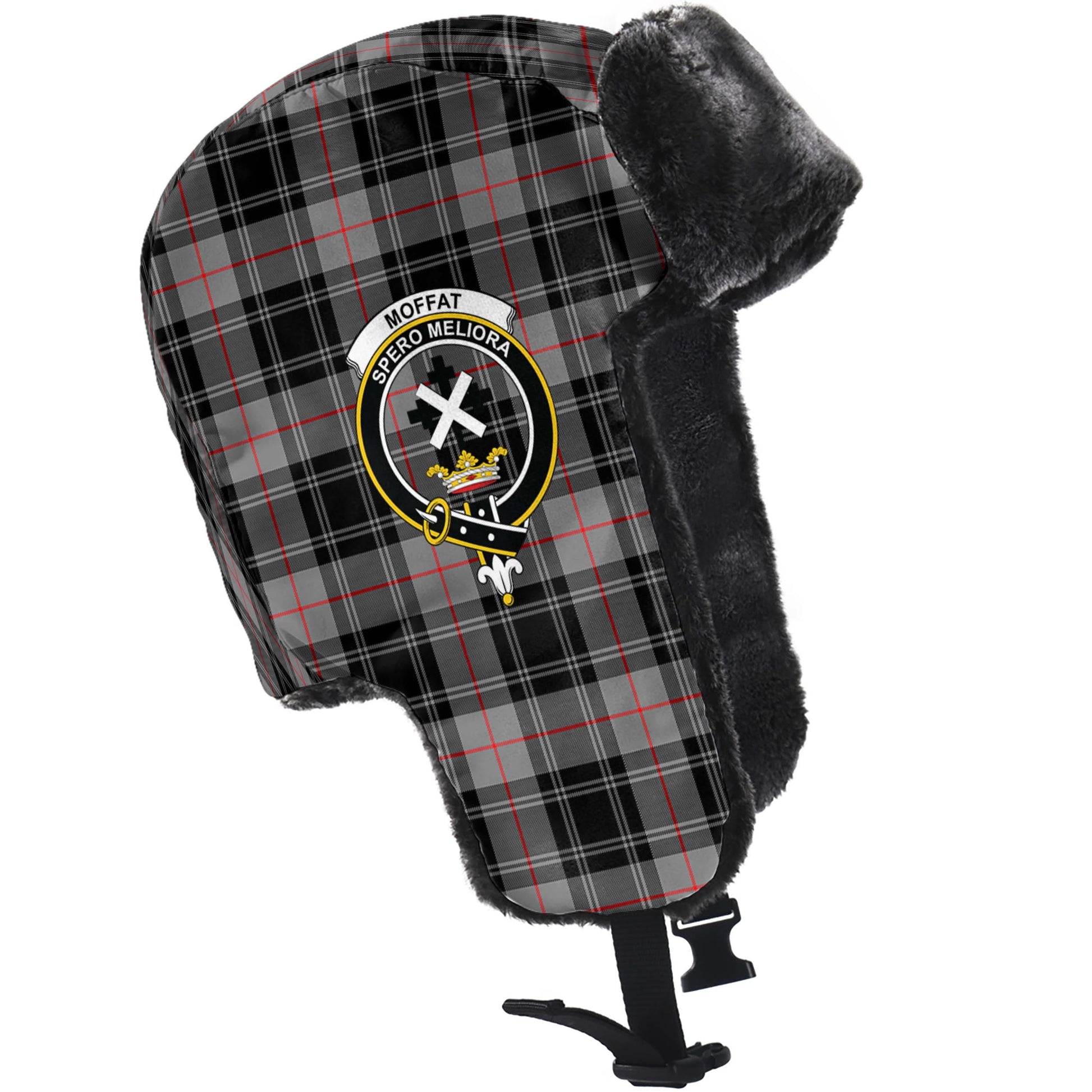 Moffat Modern Tartan Winter Trapper Hat with Family Crest - Tartanvibesclothing