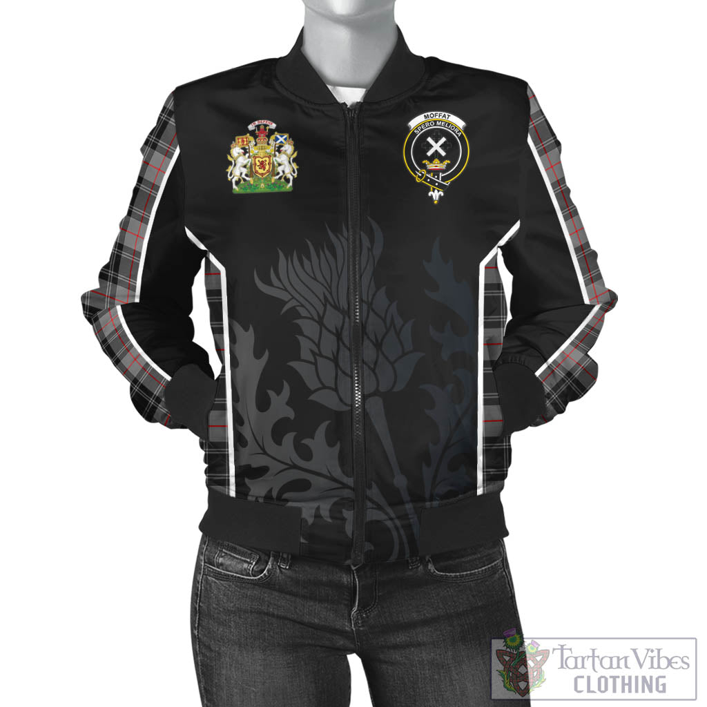 Tartan Vibes Clothing Moffat Modern Tartan Bomber Jacket with Family Crest and Scottish Thistle Vibes Sport Style