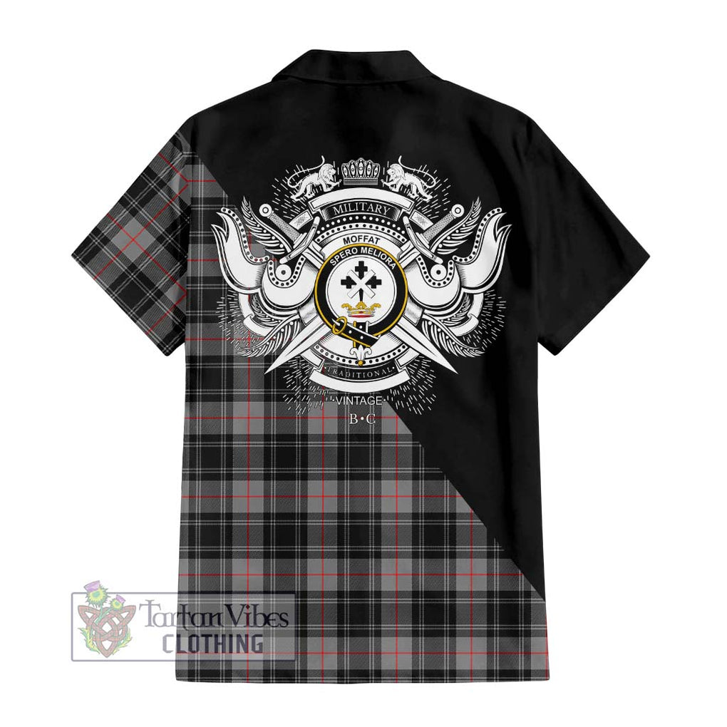 Moffat Tartan Short Sleeve Button Shirt with Family Crest and Military Logo Style - Tartanvibesclothing Shop