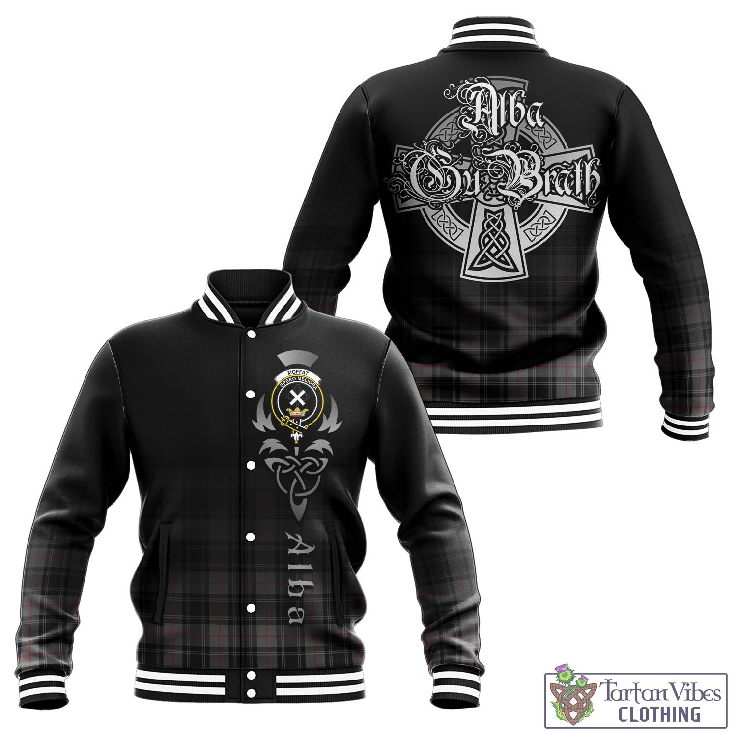 Tartan Vibes Clothing Moffat Modern Tartan Baseball Jacket Featuring Alba Gu Brath Family Crest Celtic Inspired