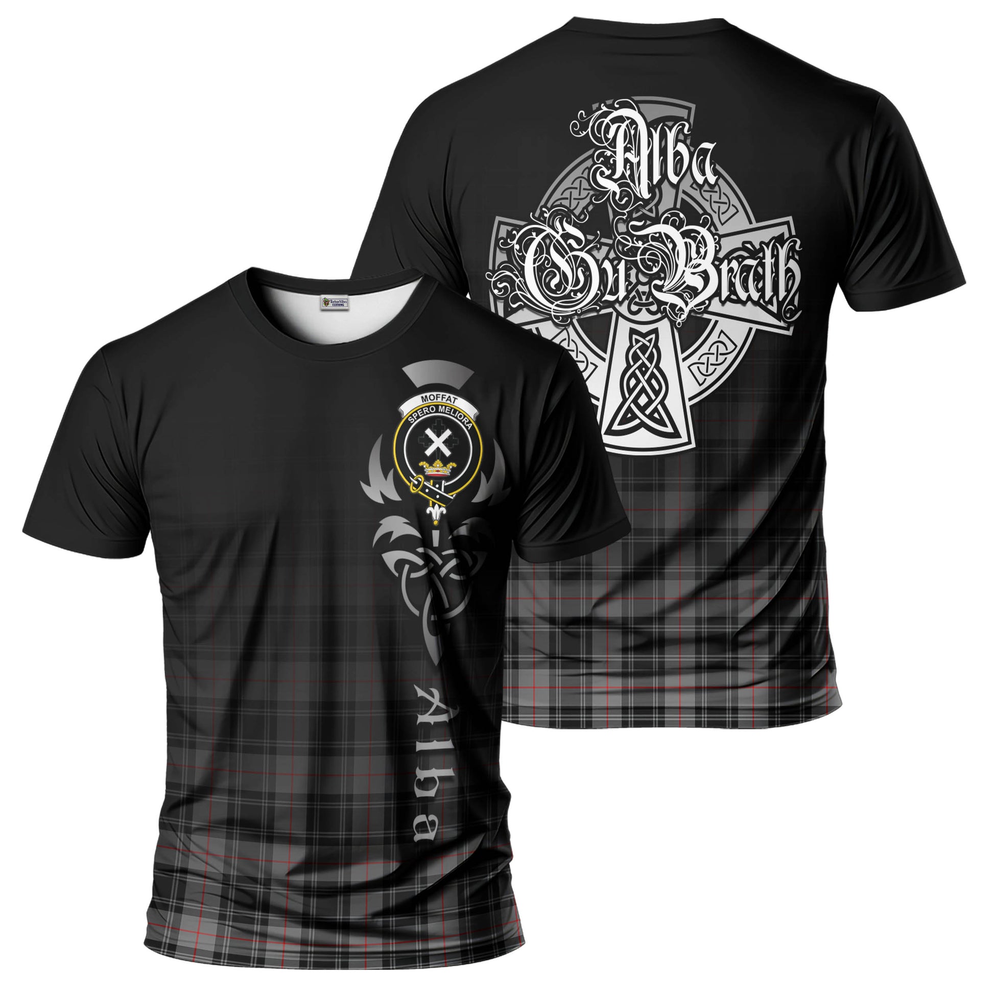 Tartan Vibes Clothing Moffat Modern Tartan T-Shirt Featuring Alba Gu Brath Family Crest Celtic Inspired