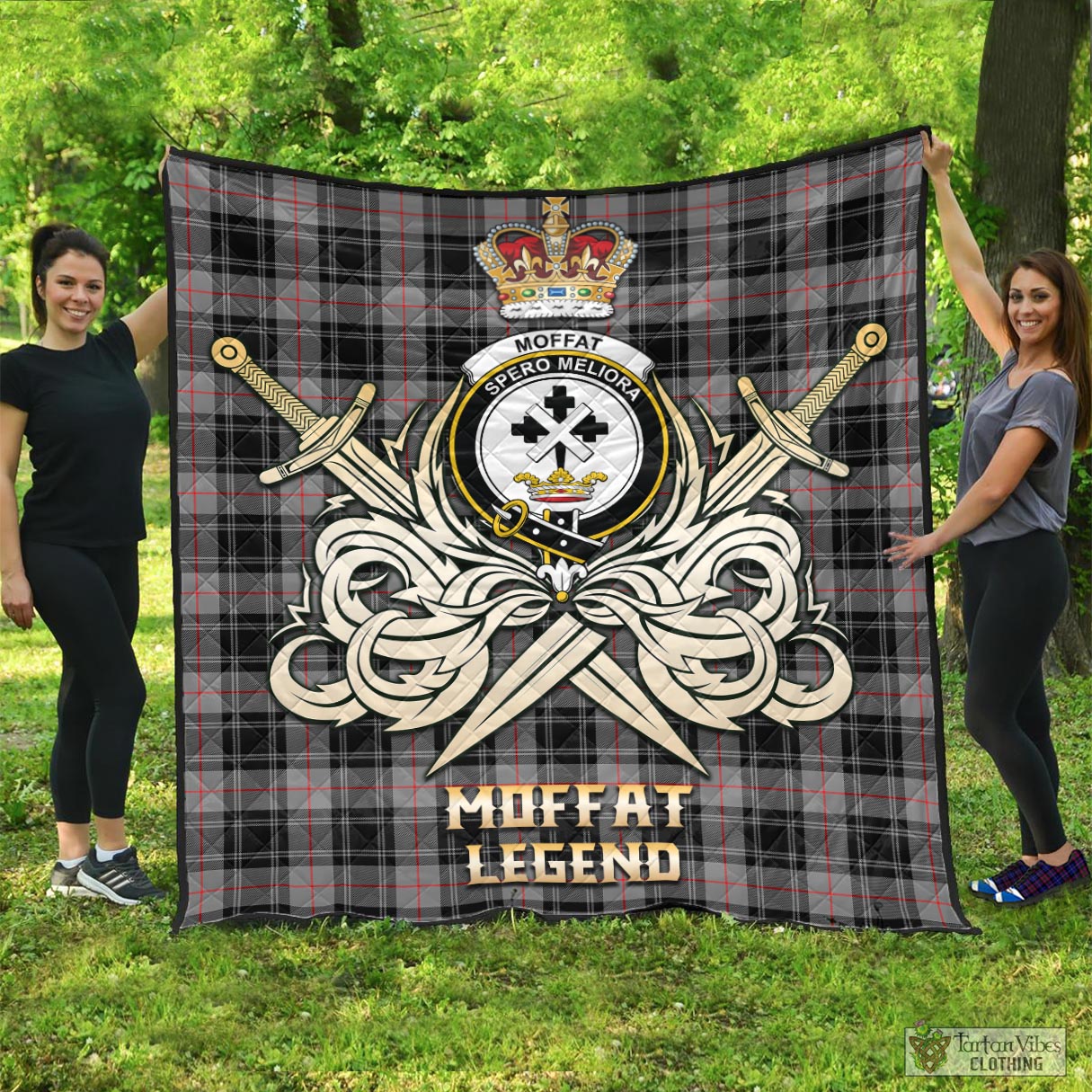 Tartan Vibes Clothing Moffat Modern Tartan Quilt with Clan Crest and the Golden Sword of Courageous Legacy