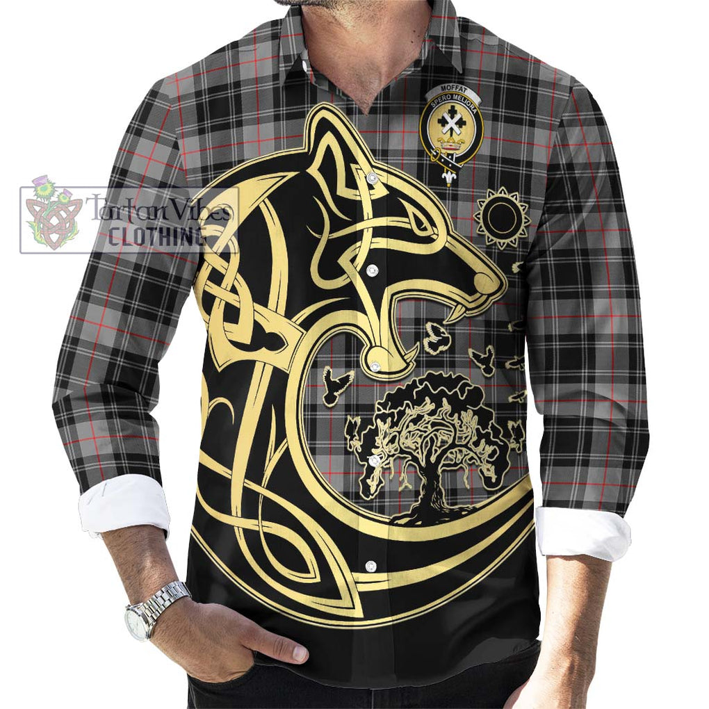 Moffat Tartan Long Sleeve Button Shirt with Family Crest Celtic Wolf Style - Tartan Vibes Clothing