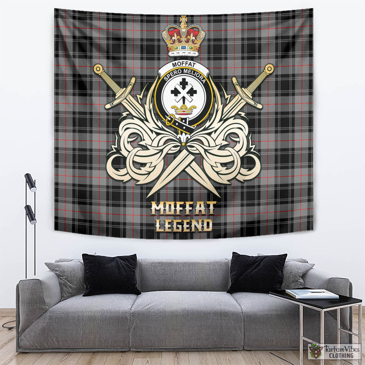 Tartan Vibes Clothing Moffat Modern Tartan Tapestry with Clan Crest and the Golden Sword of Courageous Legacy