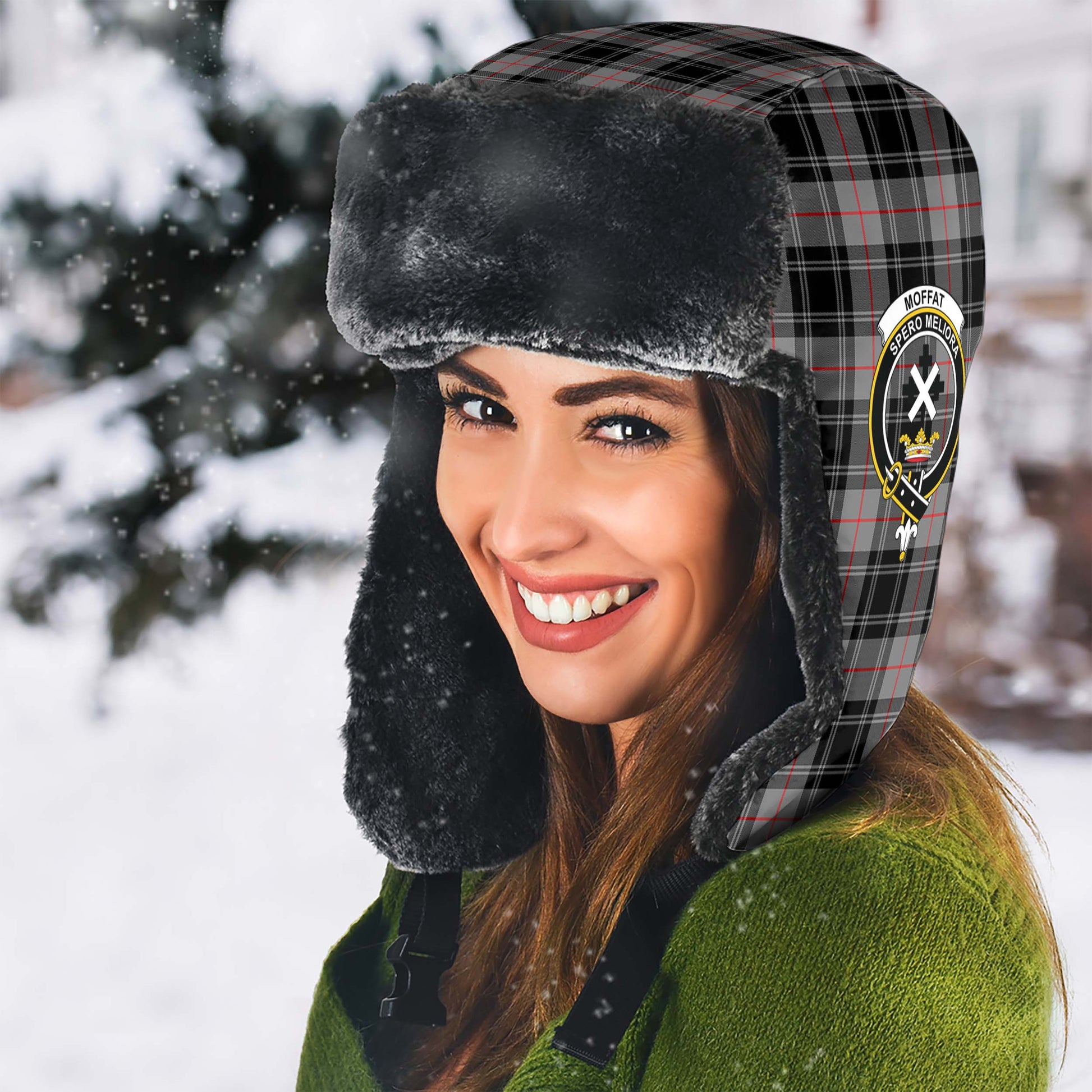 Moffat Modern Tartan Winter Trapper Hat with Family Crest - Tartanvibesclothing