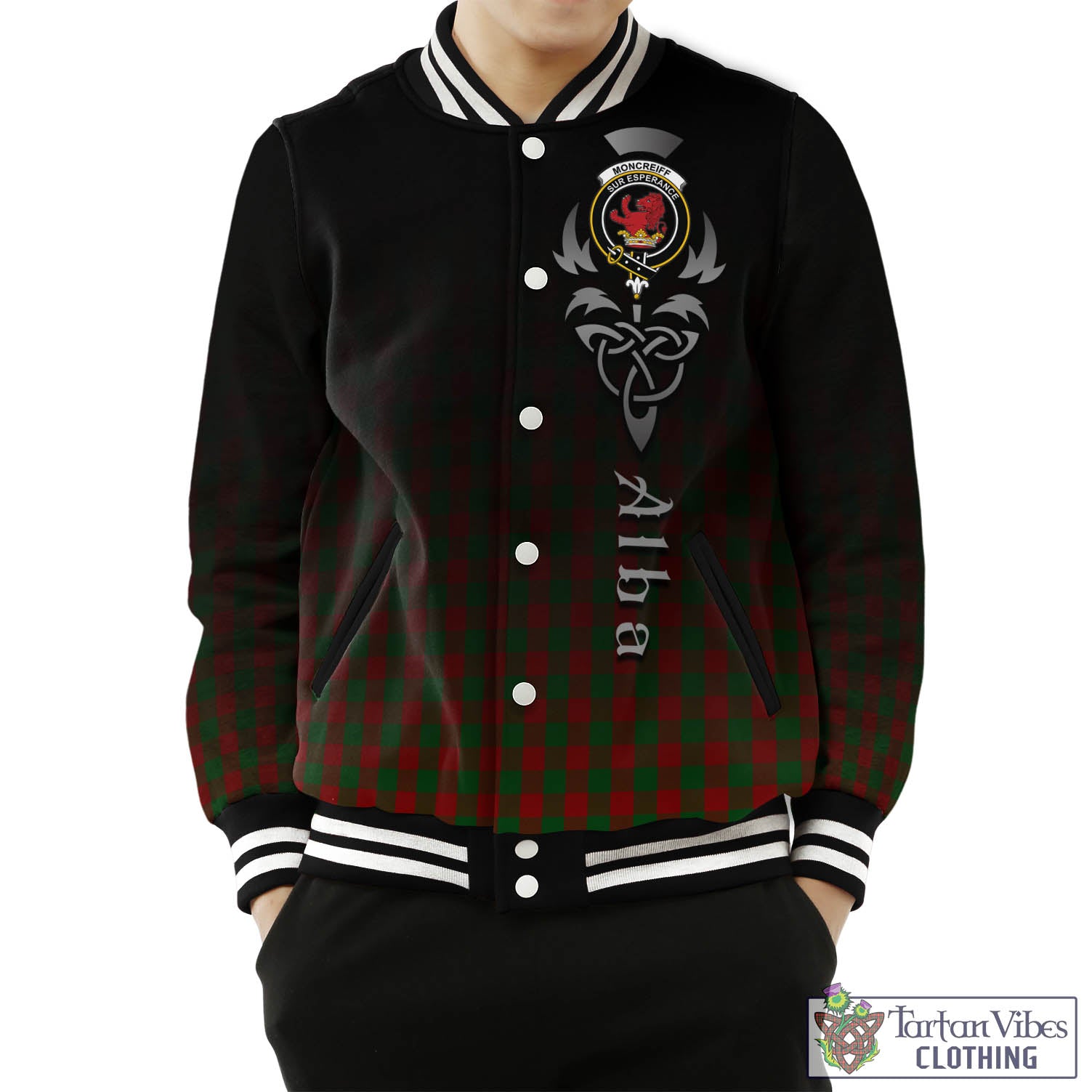 Tartan Vibes Clothing Moncrieff Tartan Baseball Jacket Featuring Alba Gu Brath Family Crest Celtic Inspired