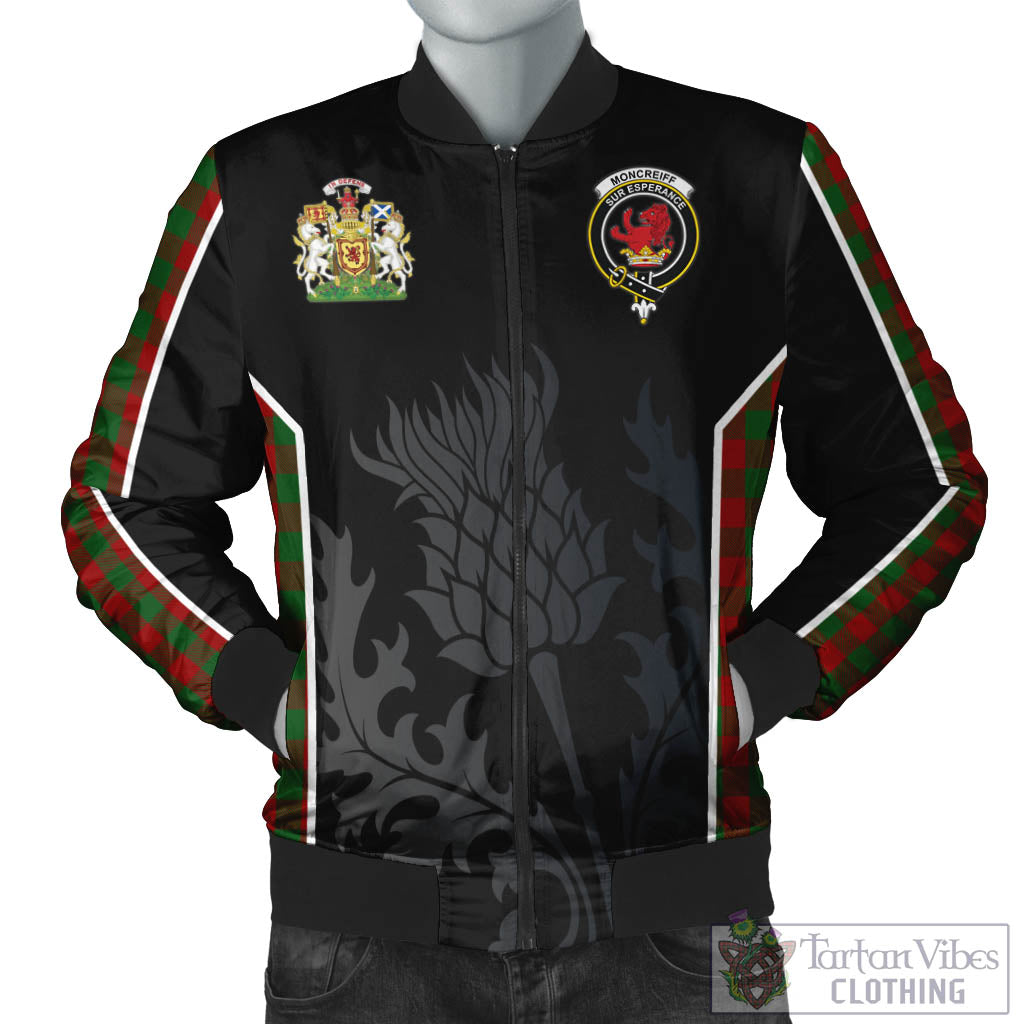 Tartan Vibes Clothing Moncrieff Tartan Bomber Jacket with Family Crest and Scottish Thistle Vibes Sport Style