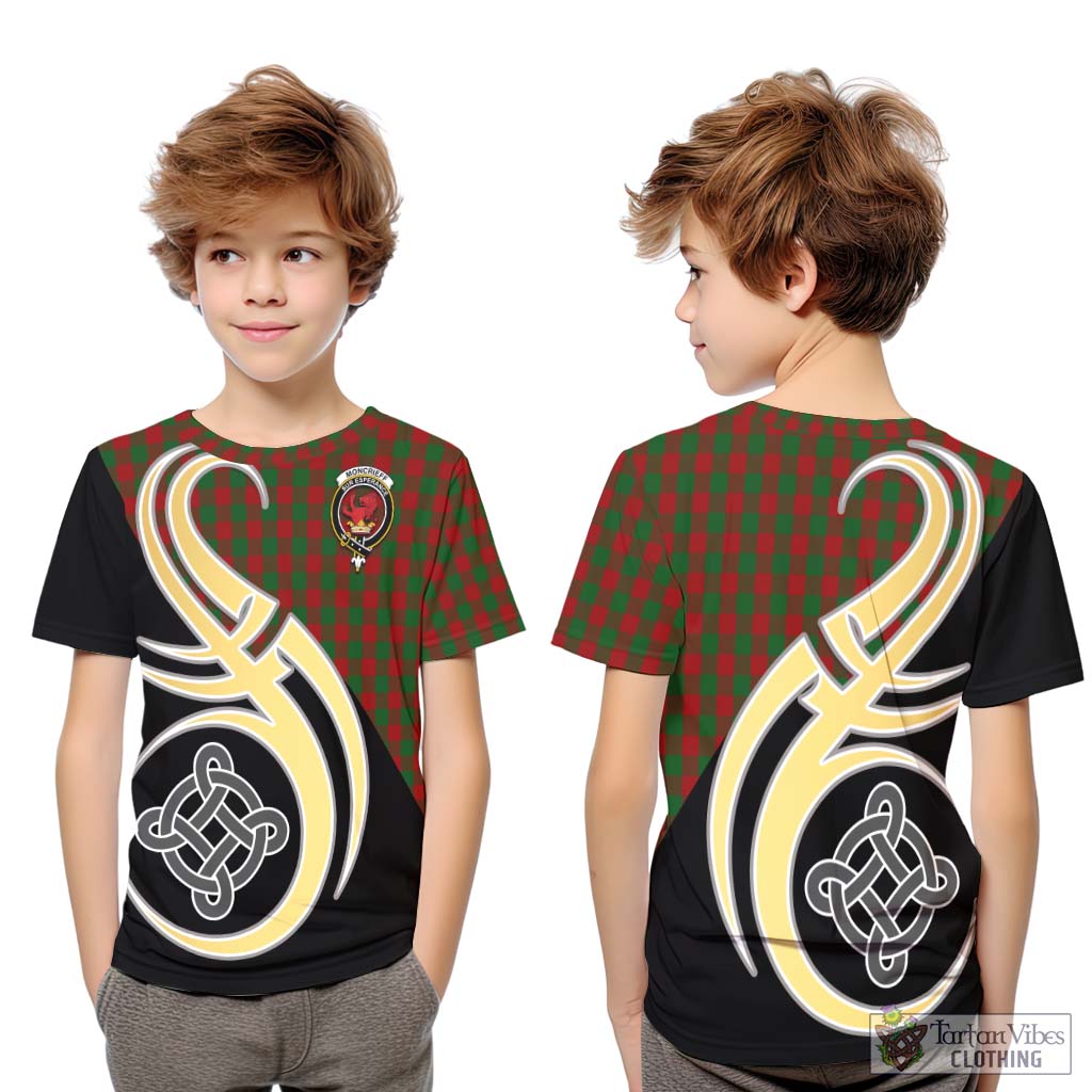 Tartan Vibes Clothing Moncrieff Tartan Kid T-Shirt with Family Crest and Celtic Symbol Style