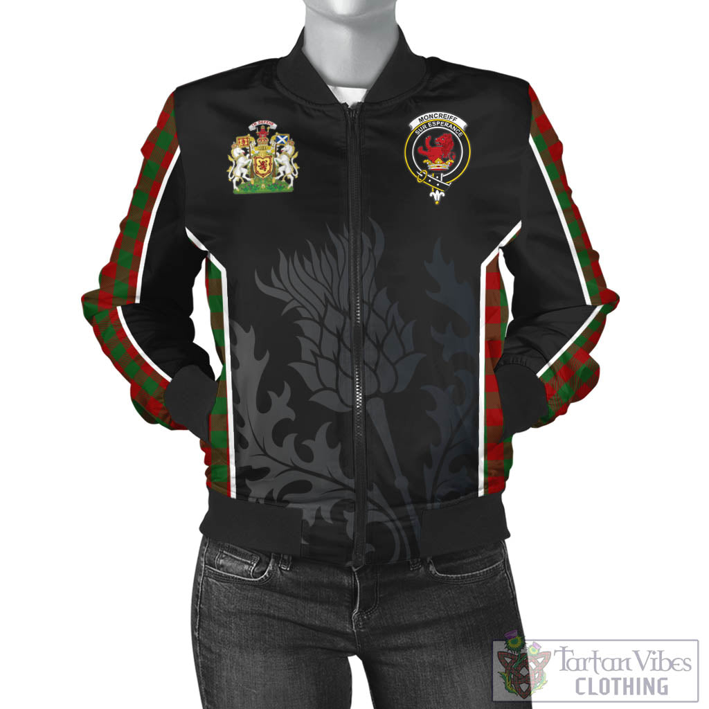 Tartan Vibes Clothing Moncrieff Tartan Bomber Jacket with Family Crest and Scottish Thistle Vibes Sport Style