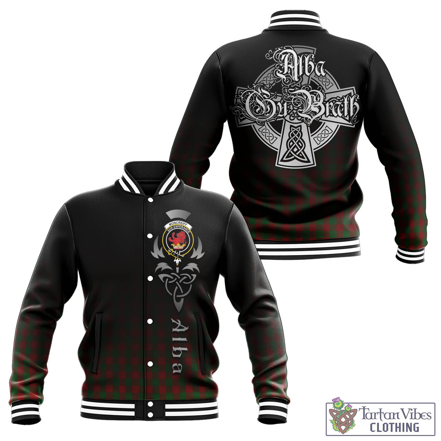 Tartan Vibes Clothing Moncrieff Tartan Baseball Jacket Featuring Alba Gu Brath Family Crest Celtic Inspired