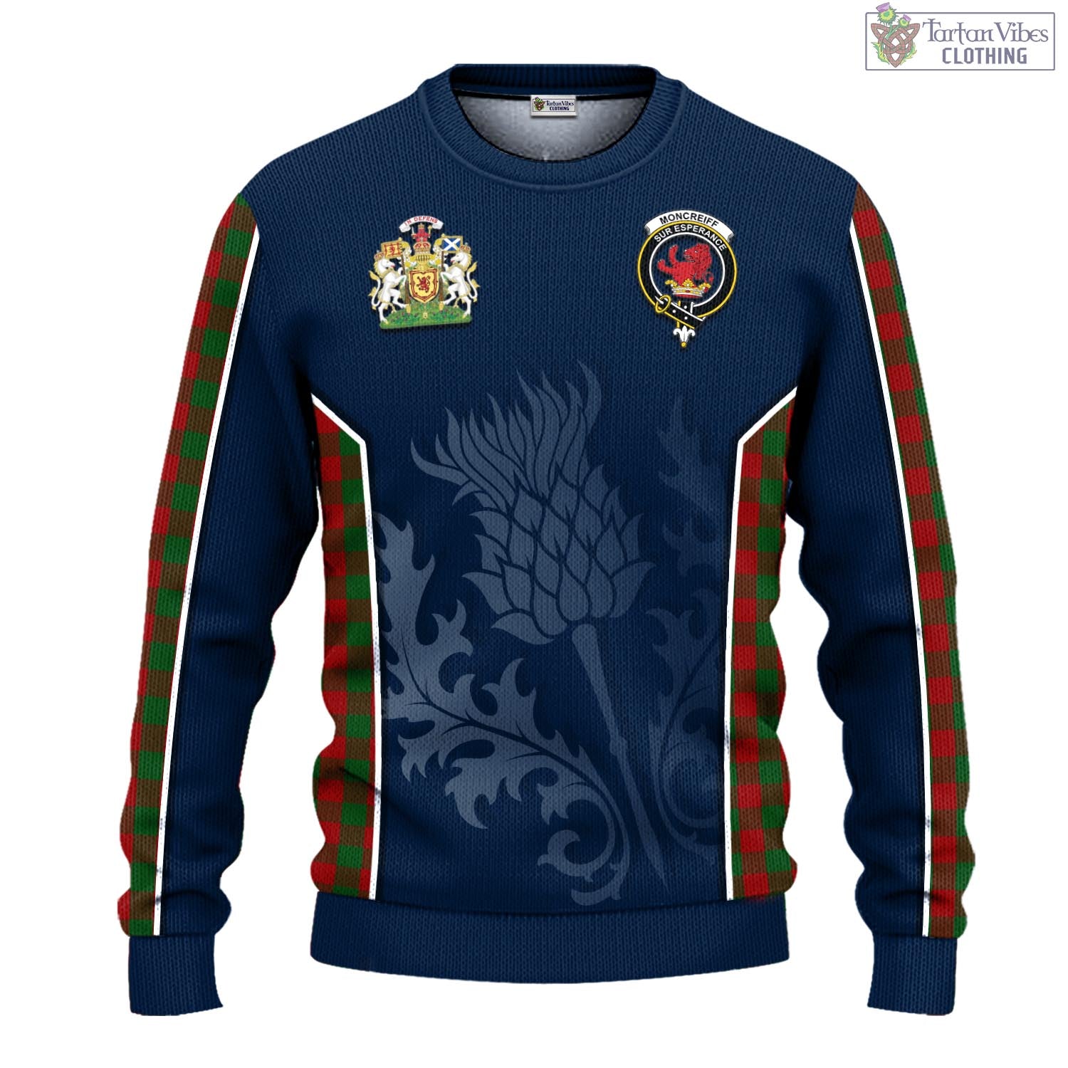 Tartan Vibes Clothing Moncrieff Tartan Knitted Sweatshirt with Family Crest and Scottish Thistle Vibes Sport Style