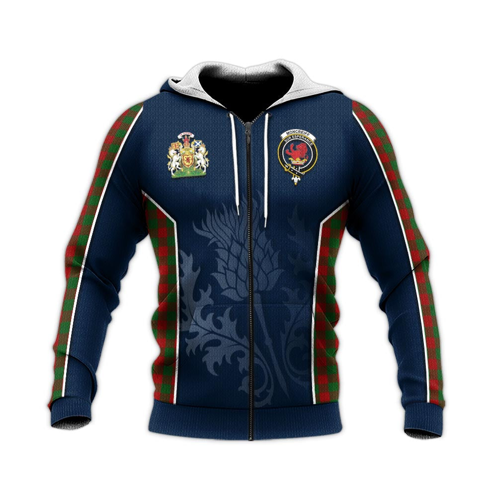 Tartan Vibes Clothing Moncrieff Tartan Knitted Hoodie with Family Crest and Scottish Thistle Vibes Sport Style