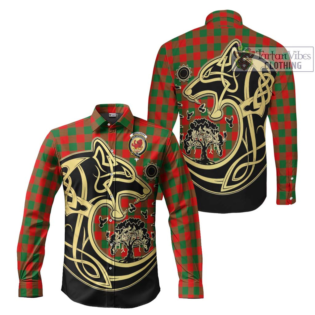 Moncrieff Modern Tartan Long Sleeve Button Shirt with Family Crest Celtic Wolf Style Men's Shirt S - Tartan Vibes Clothing