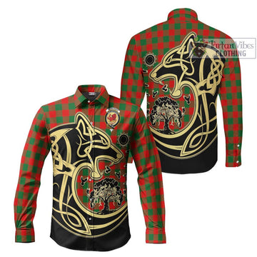 Moncrieff Modern Tartan Long Sleeve Button Shirt with Family Crest Celtic Wolf Style