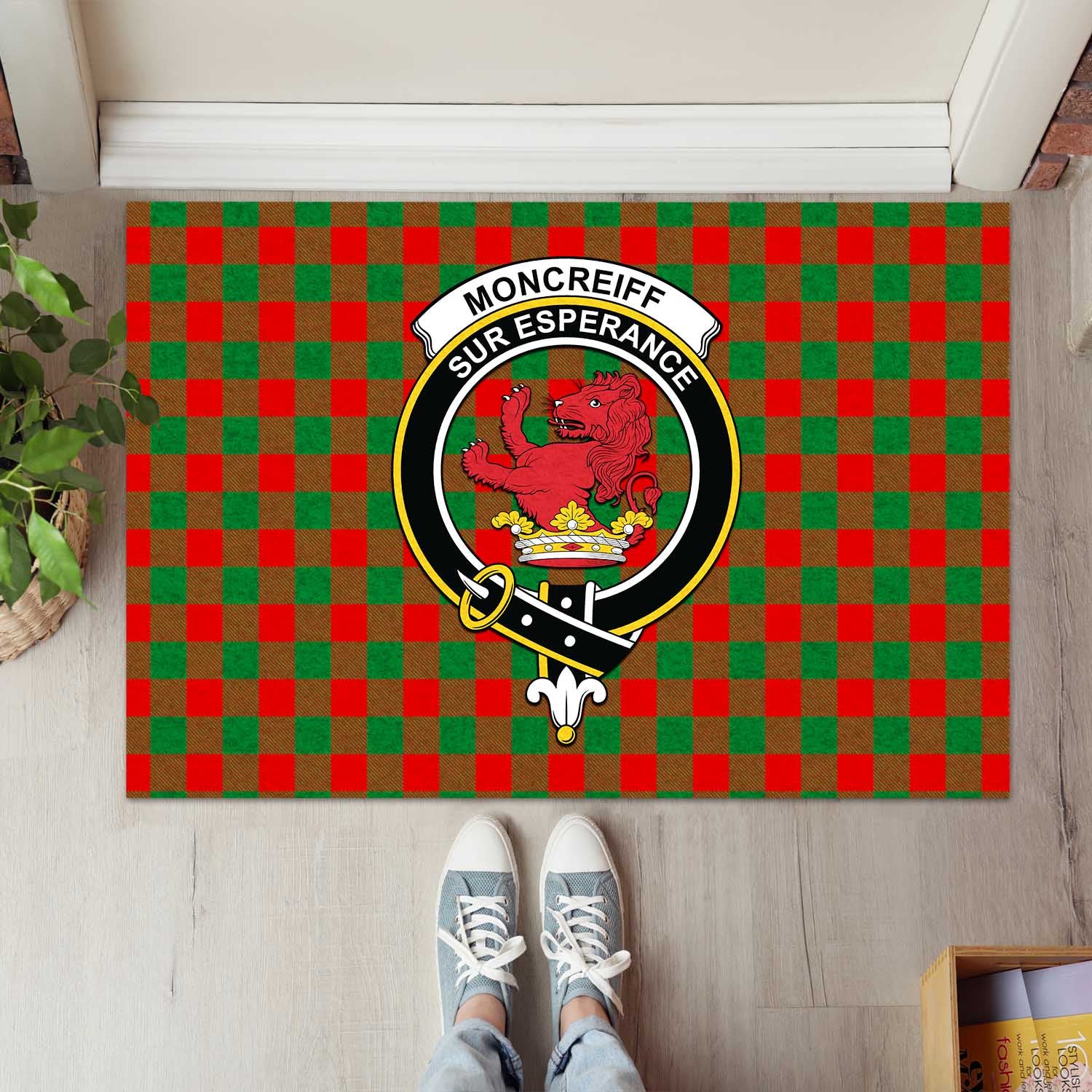 Moncrieff Modern Tartan Door Mat with Family Crest - Tartanvibesclothing