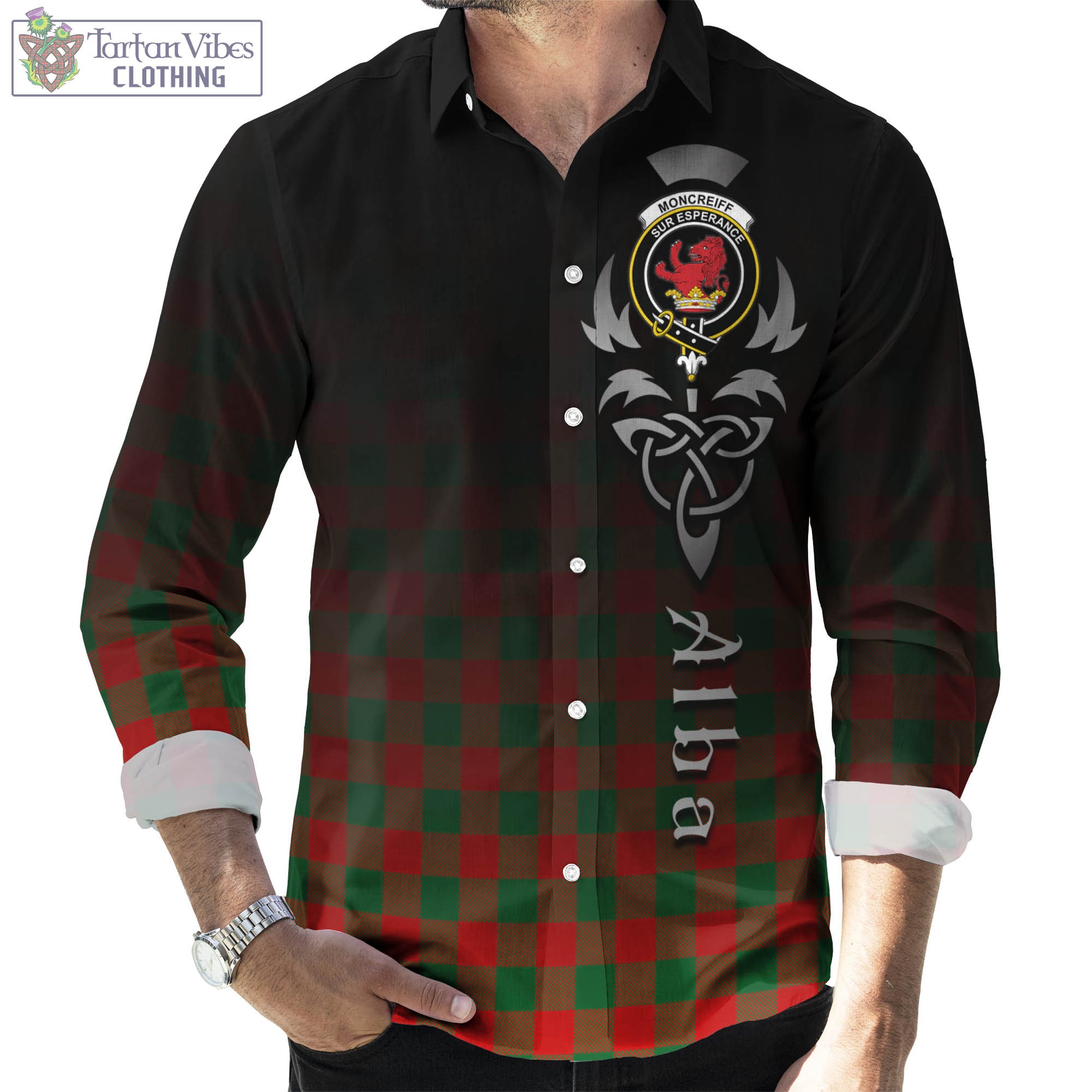 Tartan Vibes Clothing Moncrieff Modern Tartan Long Sleeve Button Up Featuring Alba Gu Brath Family Crest Celtic Inspired