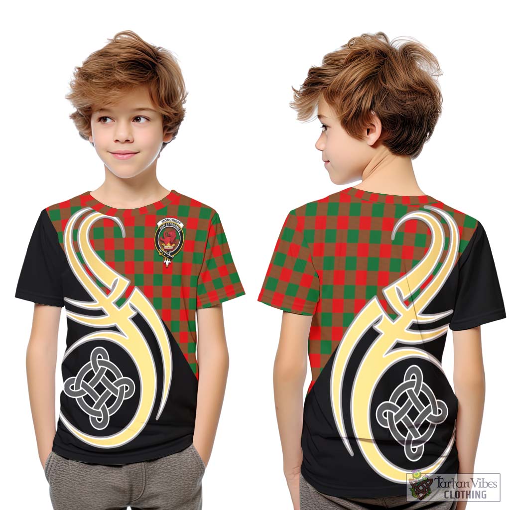 Tartan Vibes Clothing Moncrieff Modern Tartan Kid T-Shirt with Family Crest and Celtic Symbol Style