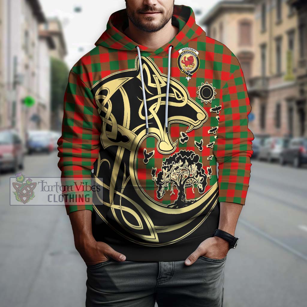 Tartan Vibes Clothing Moncrieff Modern Tartan Hoodie with Family Crest Celtic Wolf Style