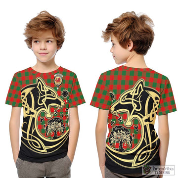 Moncrieff Modern Tartan Kid T-Shirt with Family Crest Celtic Wolf Style