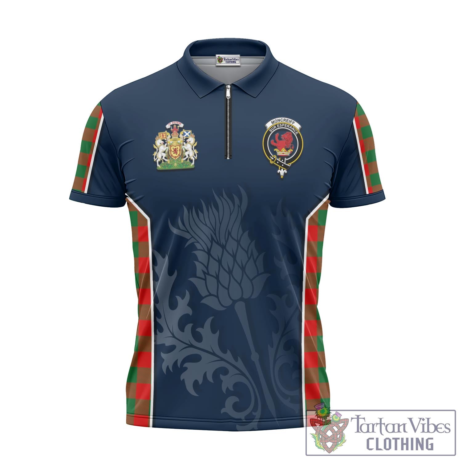 Tartan Vibes Clothing Moncrieff Modern Tartan Zipper Polo Shirt with Family Crest and Scottish Thistle Vibes Sport Style