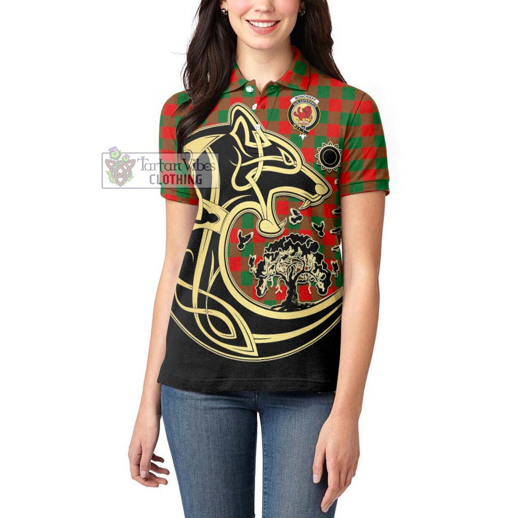 Moncrieff Modern Tartan Women's Polo Shirt with Family Crest Celtic Wolf Style - Tartanvibesclothing Shop