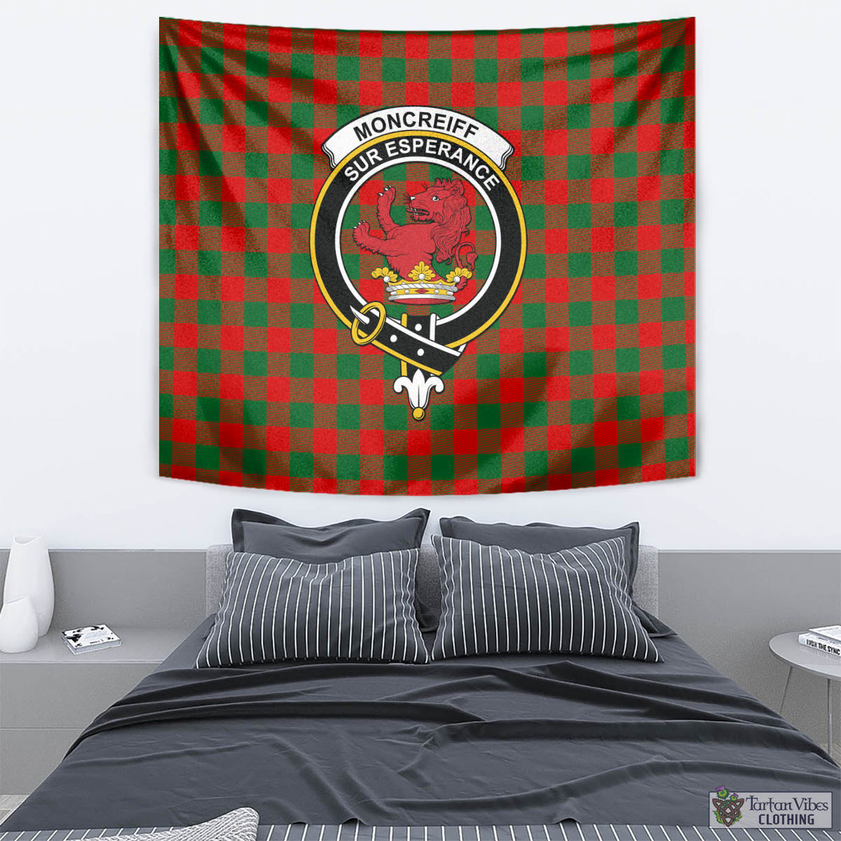 Tartan Vibes Clothing Moncrieff Modern Tartan Tapestry Wall Hanging and Home Decor for Room with Family Crest