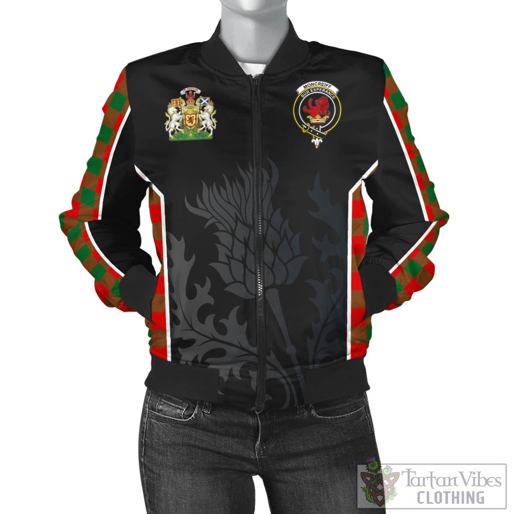 Tartan Vibes Clothing Moncrieff Modern Tartan Bomber Jacket with Family Crest and Scottish Thistle Vibes Sport Style