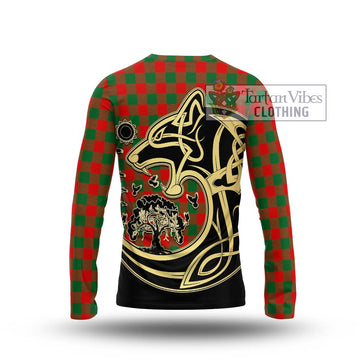 Moncrieff Modern Tartan Long Sleeve T-Shirt with Family Crest Celtic Wolf Style