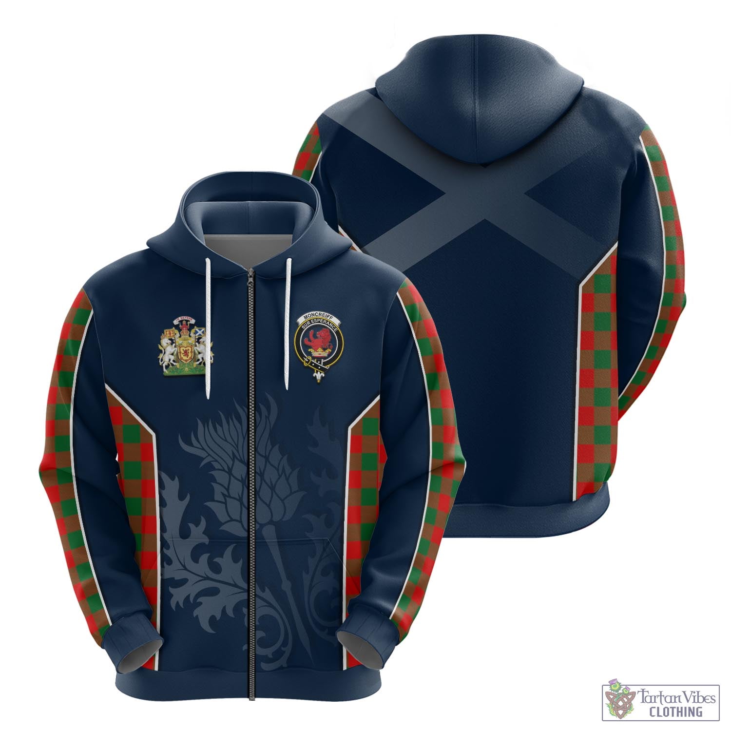 Tartan Vibes Clothing Moncrieff Modern Tartan Hoodie with Family Crest and Scottish Thistle Vibes Sport Style
