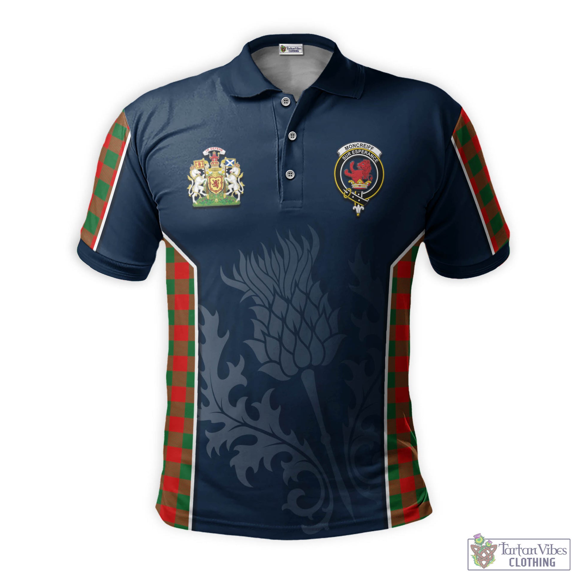 Tartan Vibes Clothing Moncrieff Modern Tartan Men's Polo Shirt with Family Crest and Scottish Thistle Vibes Sport Style