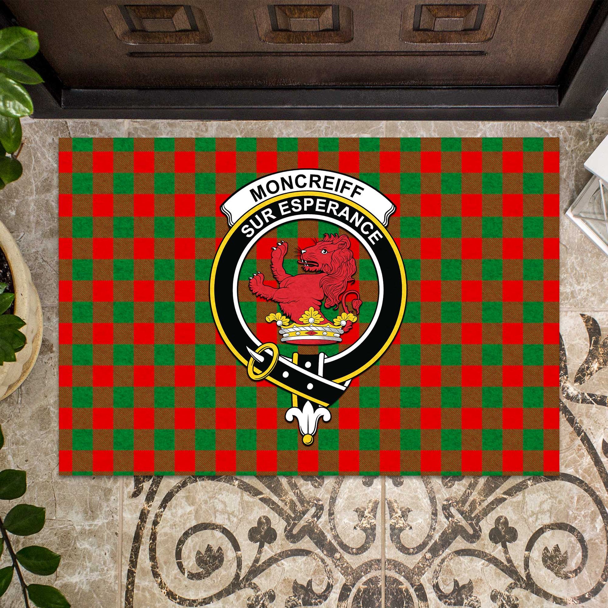 Moncrieff Modern Tartan Door Mat with Family Crest - Tartanvibesclothing