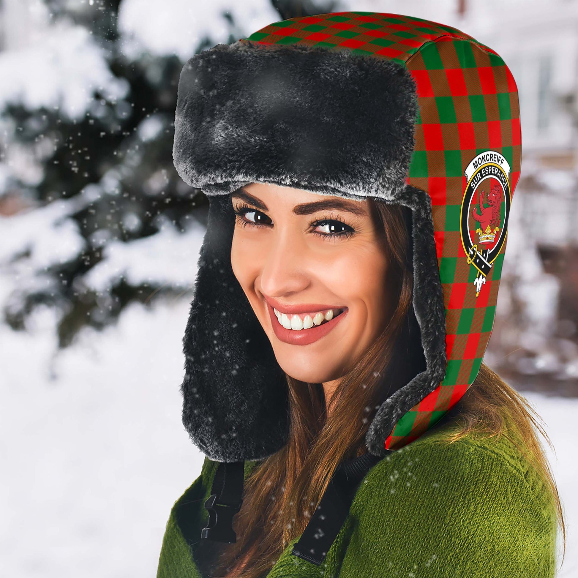 Moncrieff Modern Tartan Winter Trapper Hat with Family Crest - Tartanvibesclothing