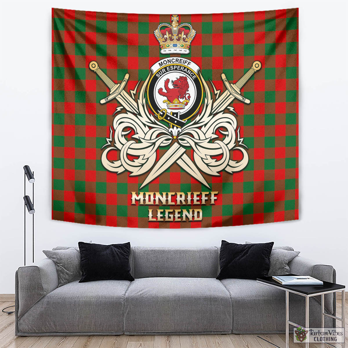 Tartan Vibes Clothing Moncrieff Modern Tartan Tapestry with Clan Crest and the Golden Sword of Courageous Legacy