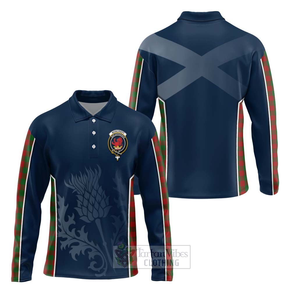 Tartan Vibes Clothing Moncrieff (Moncreiffe) Tartan Long Sleeve Polo Shirt with Family Crest and Scottish Thistle Vibes Sport Style