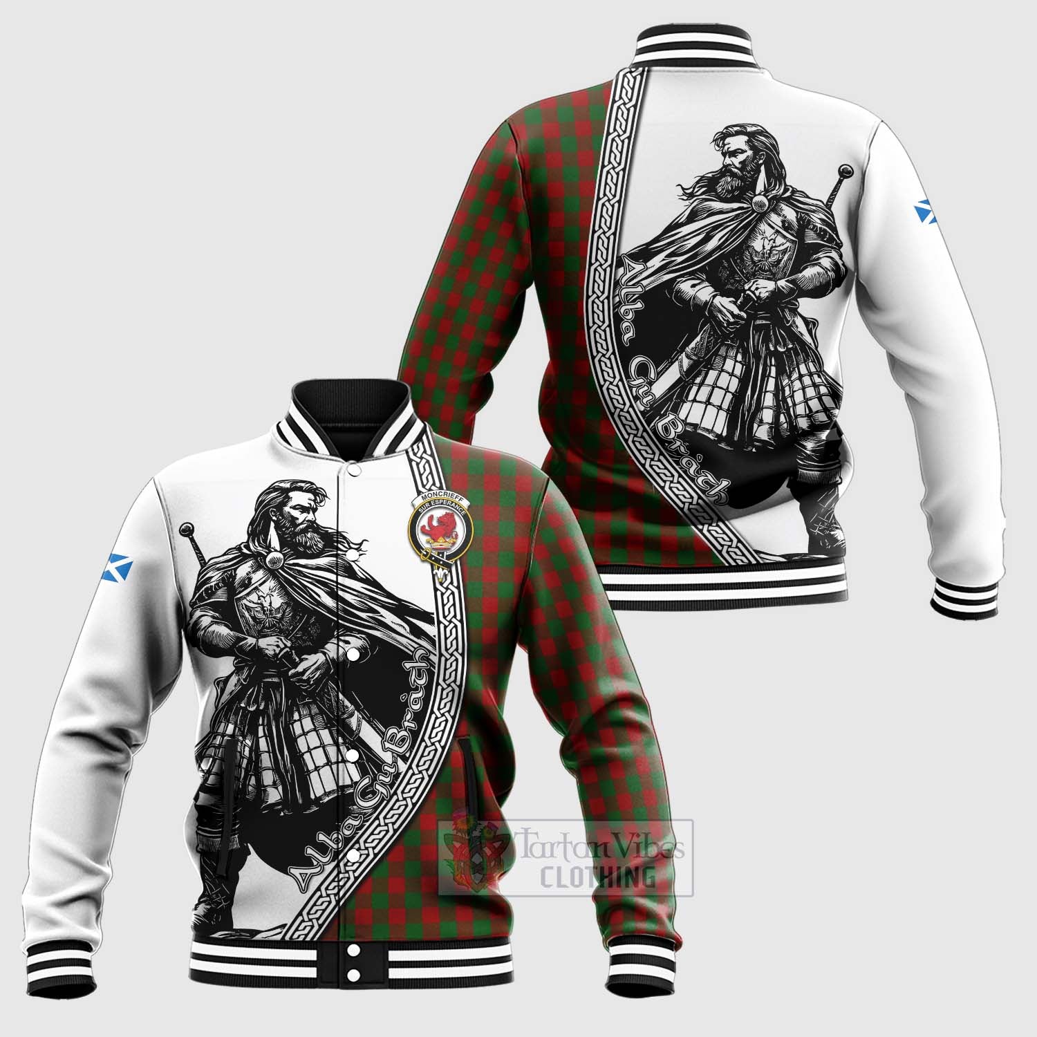 Tartan Vibes Clothing Moncrieff (Moncreiffe) Tartan Clan Crest Baseball Jacket with Highlander Warrior Celtic Style