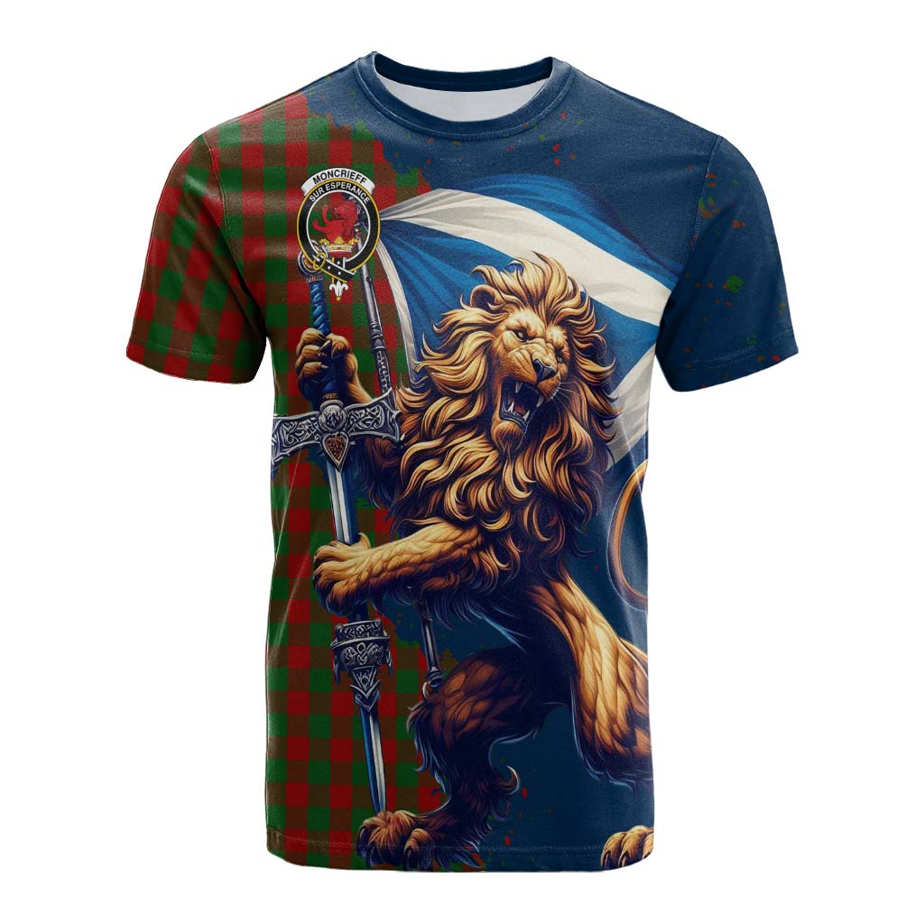 Tartan Vibes Clothing Moncrieff (Moncreiffe) Tartan Family Crest Cotton T-shirt with Scottish Majestic Lion