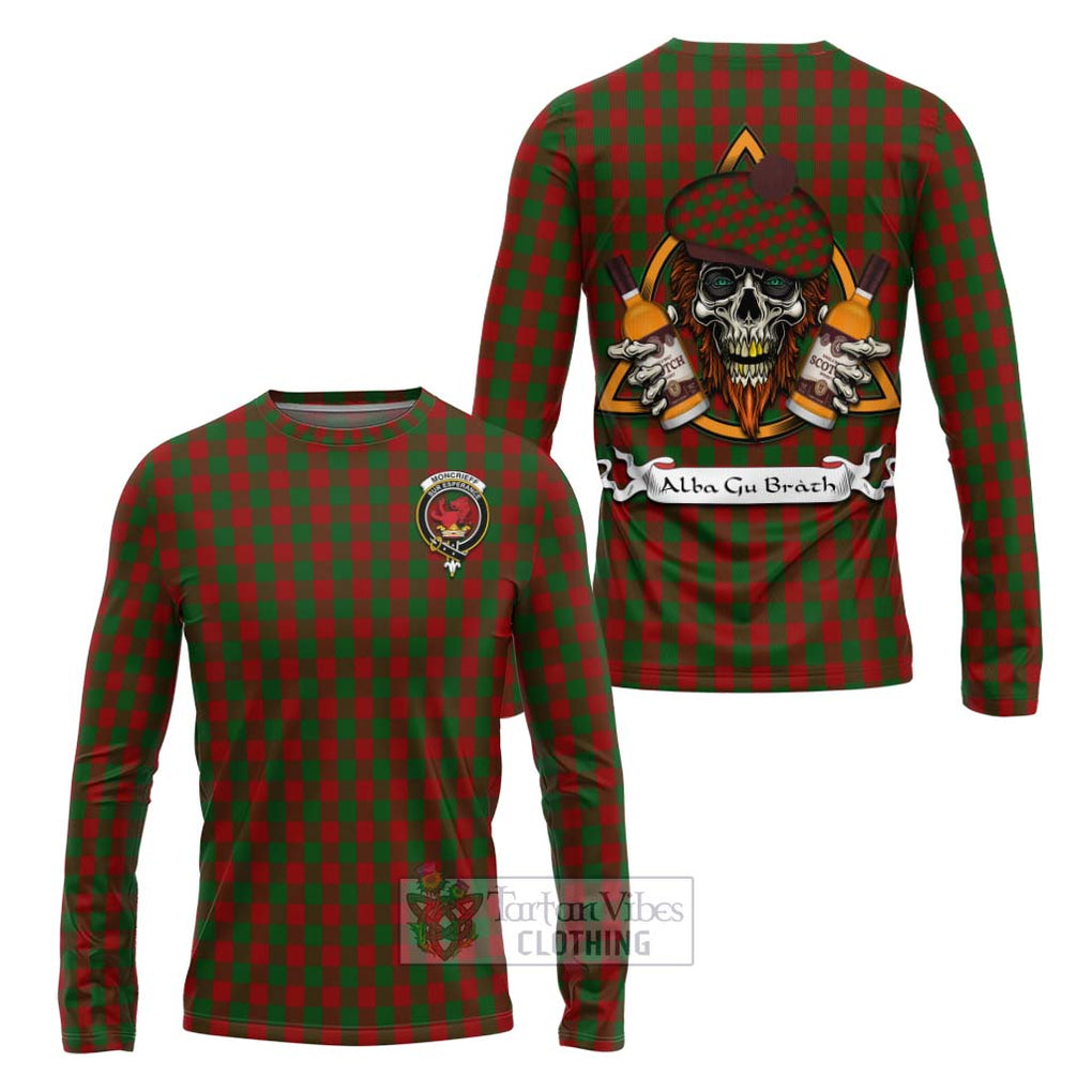 Tartan Vibes Clothing Moncrieff (Moncreiffe) Tartan Long Sleeve T-Shirt with Family Crest and Bearded Skull Holding Bottles of Whiskey