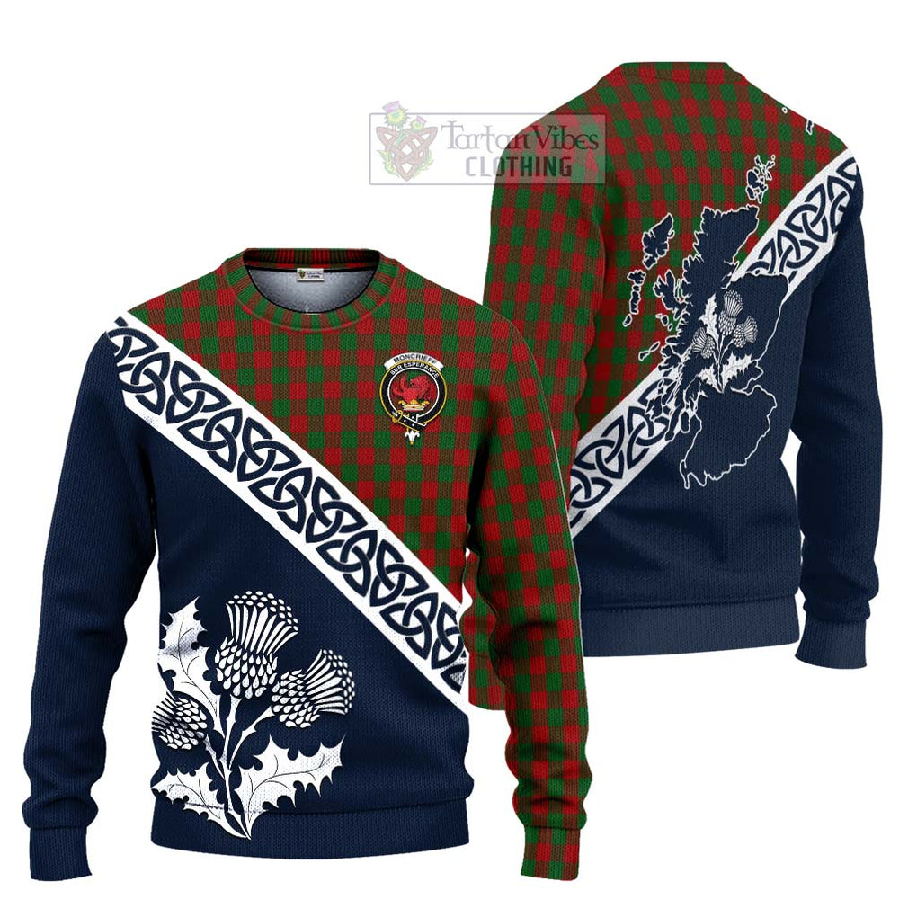 Tartan Vibes Clothing Moncrieff (Moncreiffe) Tartan Knitted Sweater Featuring Thistle and Scotland Map