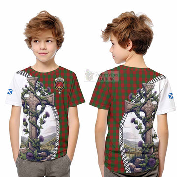 Moncrieff (Moncreiffe) Tartan Kid T-Shirt with Family Crest and St. Andrew's Cross Accented by Thistle Vines