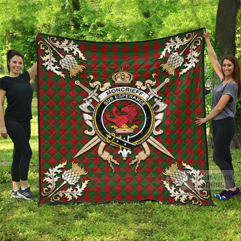 Tartan Vibes Clothing Moncrieff (Moncreiffe) Tartan Quilt with Family Crest and Scottish Golden Courage Shield