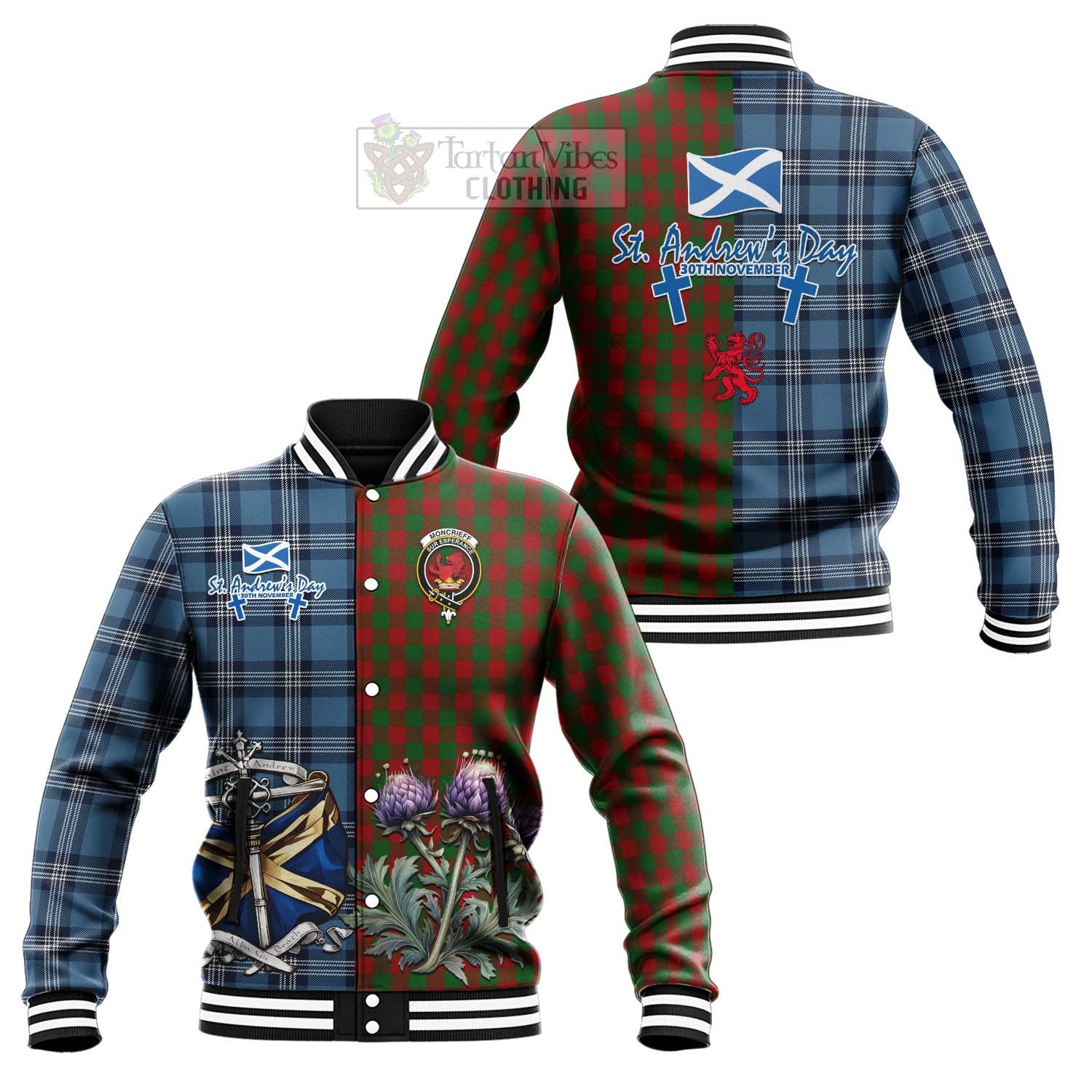 Tartan Vibes Clothing Moncrieff (Moncreiffe) Tartan Baseball Jacket Happy St. Andrew's Day Half Tartan Style